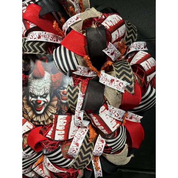Halloween Wreath For Front Door Scary Clown Wreath Handmade 22 inch - Picture 5 of 8